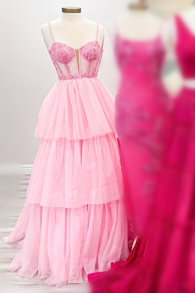 A-Line Tiered Ruffle Sequin-Embroidery Corset Long Prom Gown