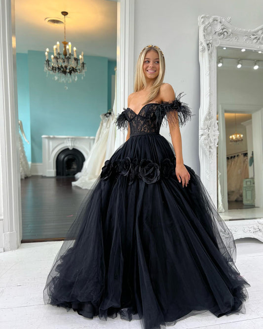 Cali | Princess A-Line Off-the-Shoulder Lace Tulle Prom Dress