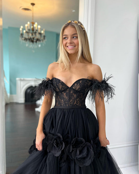 Cali | Princess A-Line Off-the-Shoulder Lace Tulle Prom Dress