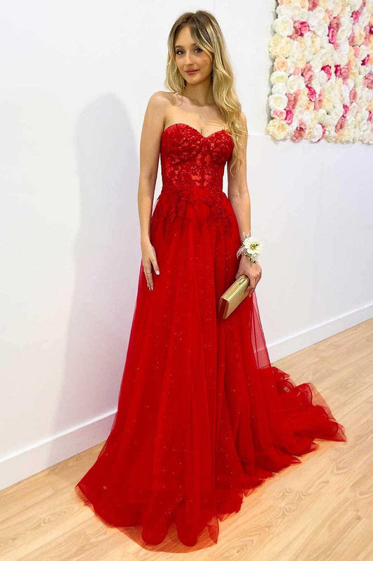 Red Strapless A-Line Long Prom Dress with Floral Appliques