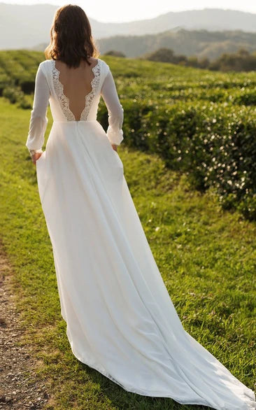 Modest A-Line Long Sleeve Chiffon Wedding Dress with V-Back and Floor-Length Train