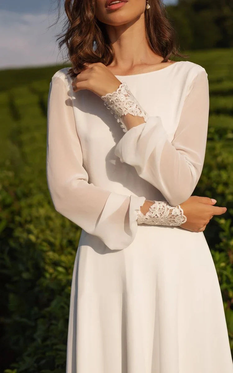 Modest A-Line Long Sleeve Chiffon Wedding Dress with V-Back and Floor-Length Train