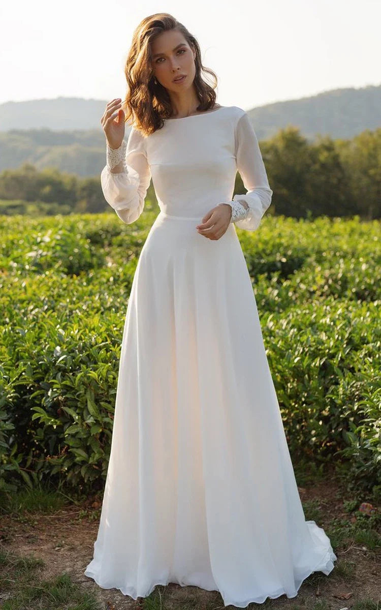 Modest A-Line Long Sleeve Chiffon Wedding Dress with V-Back and Floor-Length Train