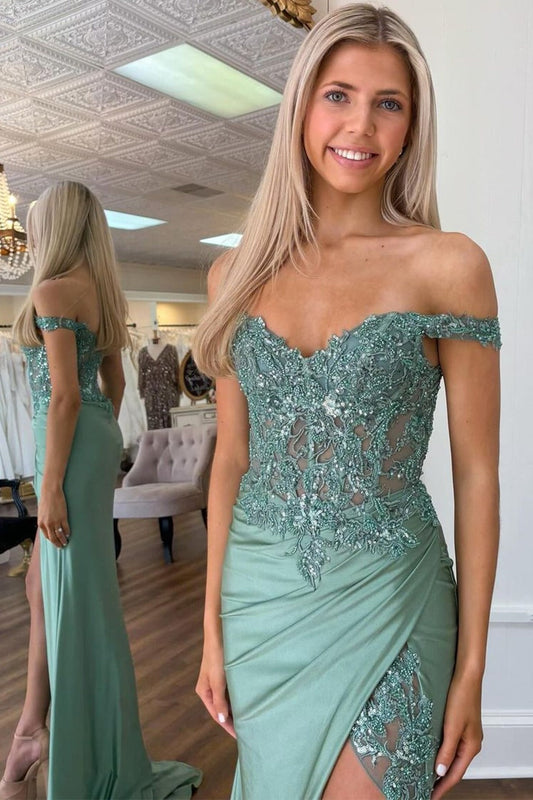 Seraphina | Charming Mermaid Green Off-the-Shoulder Appliqued Prom Dress with Slit