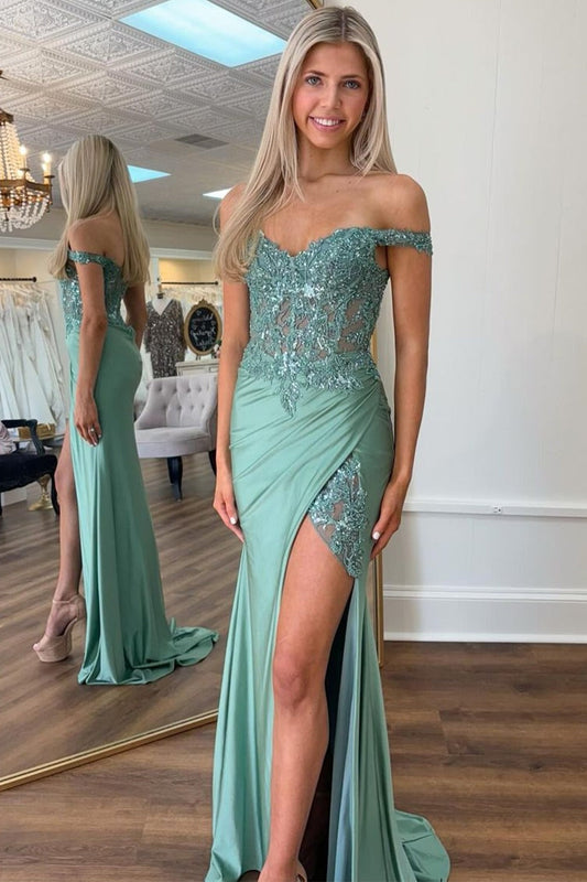 Modesty | Green Off-the-Shoulder Appliqued Mermaid Prom Dress with Split