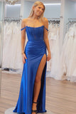 Charming Mermaid Off-the-Shoulder Satin Long Prom Dress with Slit