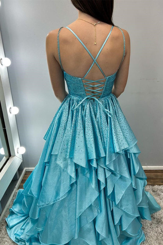 Cute A Line V Neck Aqua Blue Organza Ruffle Long Prom Dresses