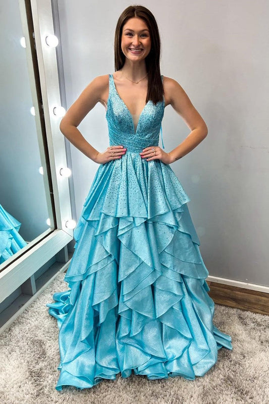 Cute A Line V Neck Aqua Blue Organza Ruffle Long Prom Dresses