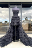 Cute A Line Strapless High Low Black Glitter Ruffles Tulle Prom Dress