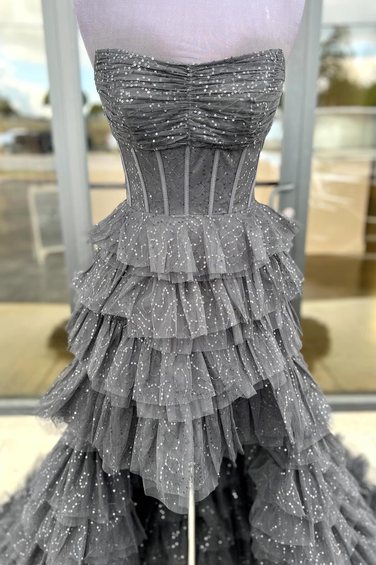 Cute A Line Strapless High Low Black Glitter Ruffles Tulle Prom Dress