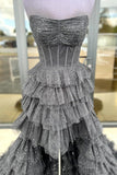 Cute A Line Strapless High Low Black Glitter Ruffles Tulle Prom Dress