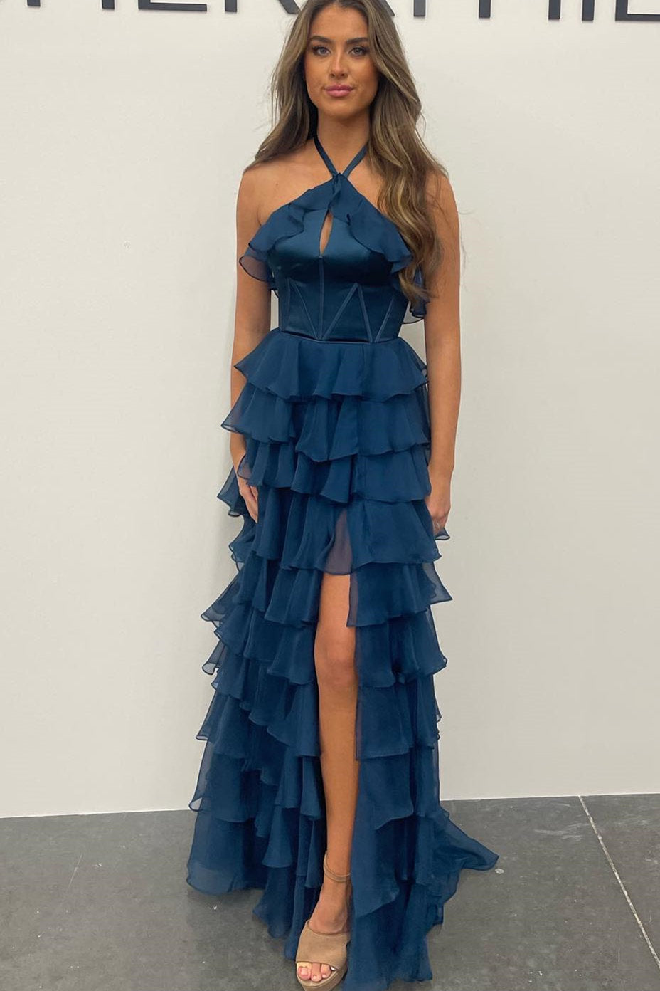 Halter Keyhole Ruffle Tiered Prom Dress with Slit