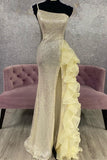 Valeria | Cute Sheath One-Shoulder Black Sequin Ruffled Long Prom Dress with Slit