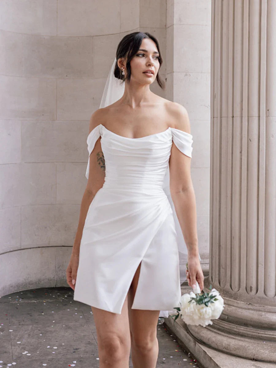 Elody | Off-the-Shoulder Short Satin Wedding Dress with Cowl Neck and Slit