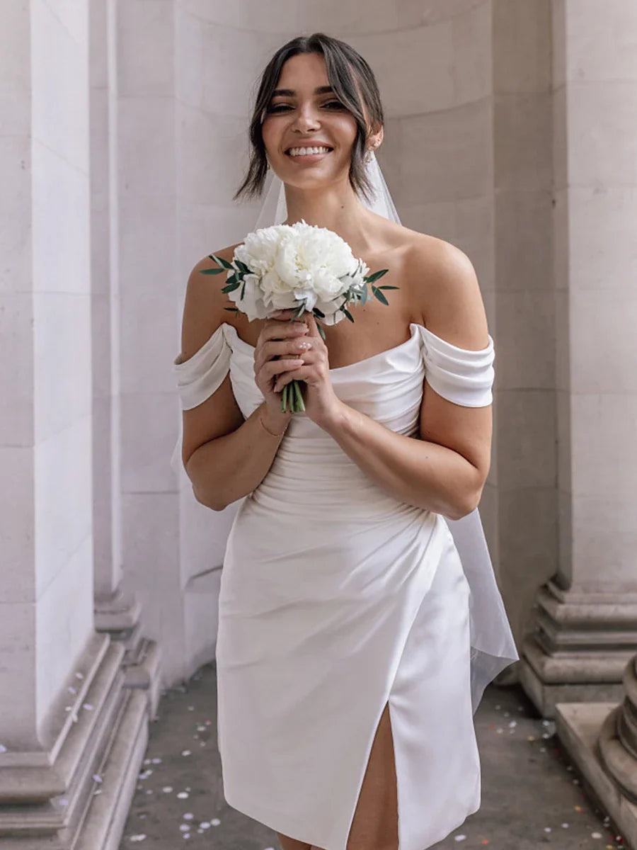 Elody | Off-the-Shoulder Short Satin Wedding Dress with Cowl Neck and Slit