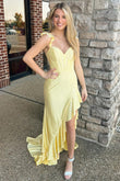 Phyllis | Yellow Spaghetti Straps Satin Beaded Mermaid Prom Dress