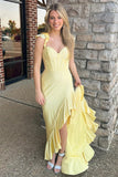 Phyllis | Yellow Spaghetti Straps Satin Beaded Mermaid Prom Dress