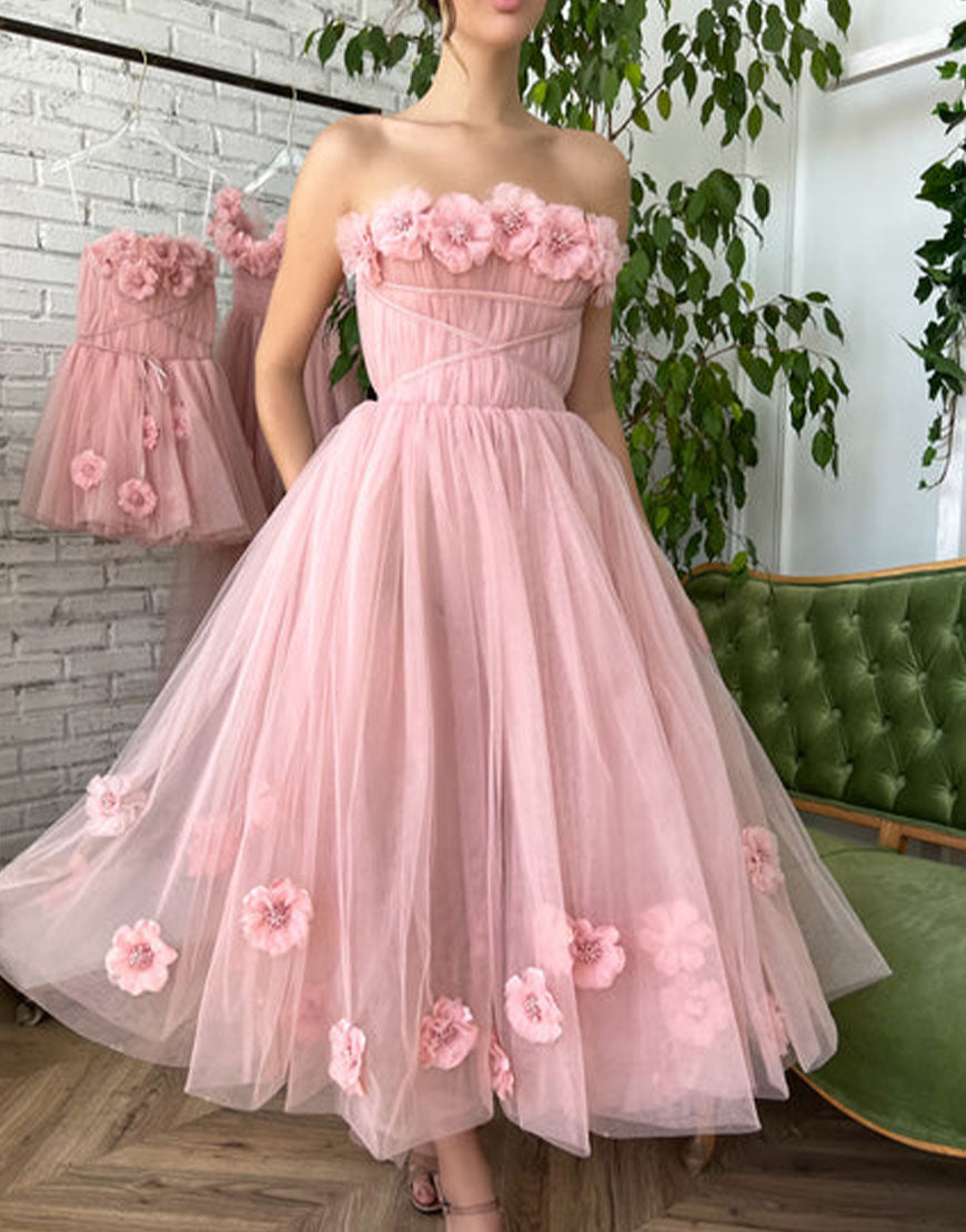 Pandora | Strapless Princess Light Pink Prom Dress with Floral Accents