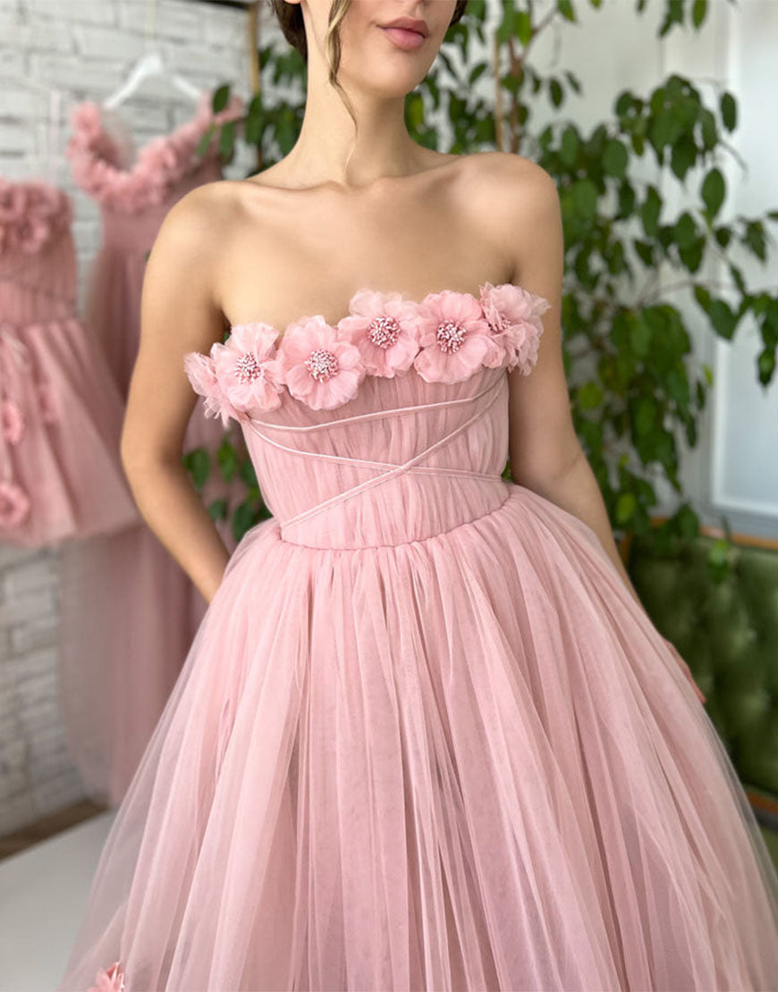 Pandora | Strapless Princess Light Pink Prom Dress with Floral Accents