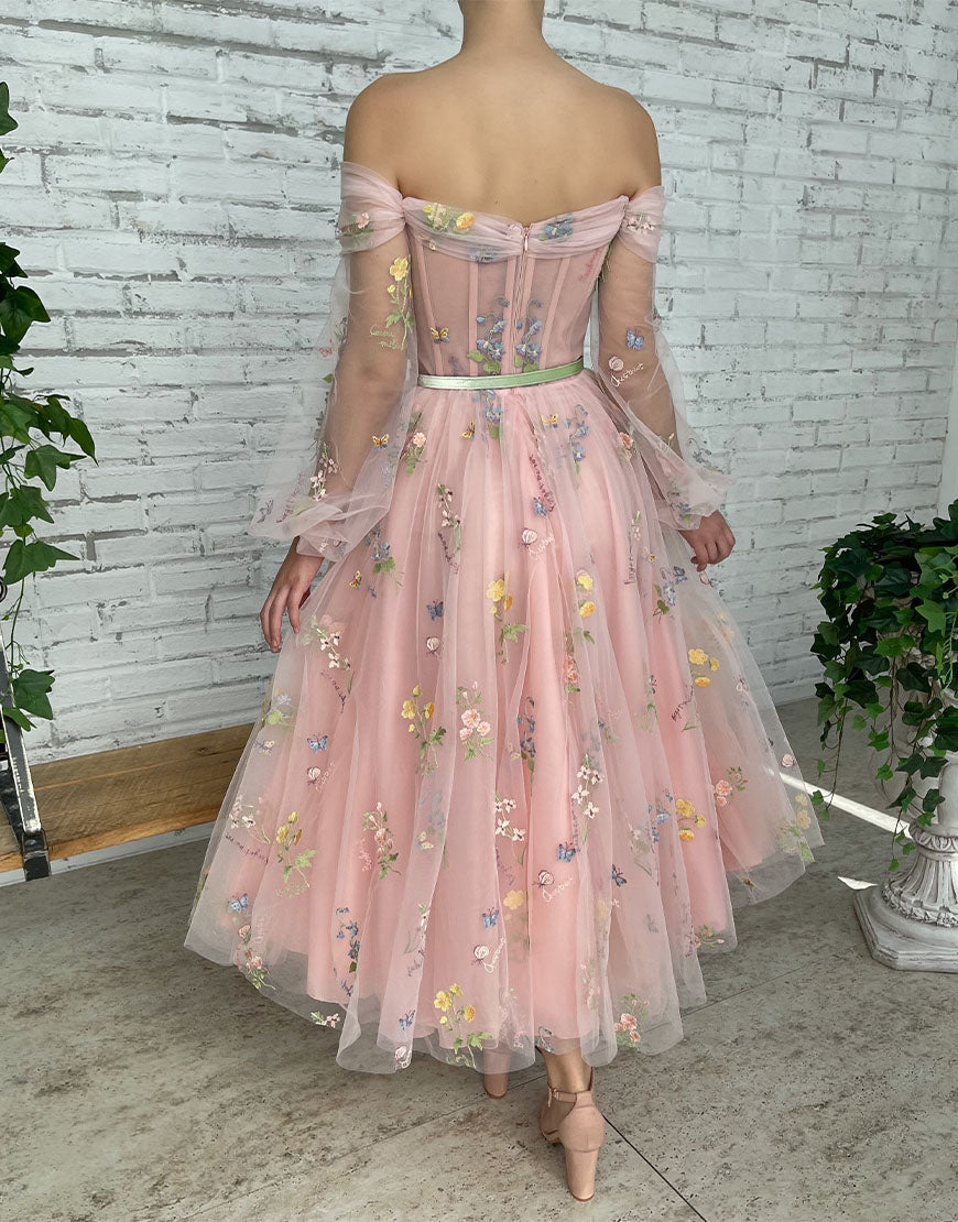 Dorothea | A-Line Light Pink Embroidered Off-the-Shoulder Prom Dress