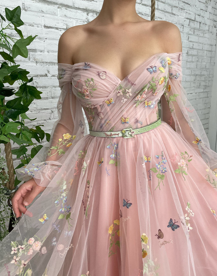 Dorothea | A-Line Light Pink Embroidered Off-the-Shoulder Prom Dress