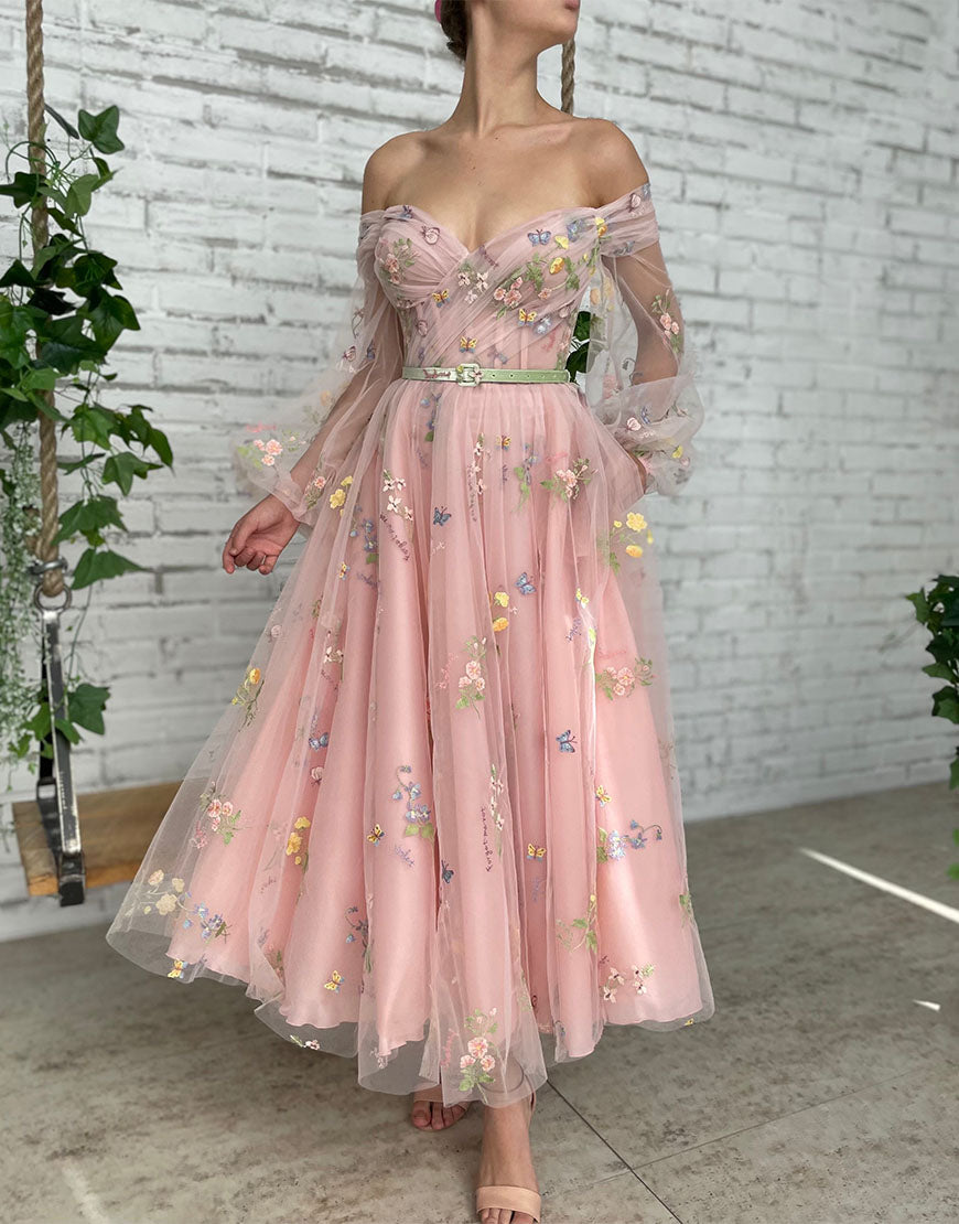 Dorothea | A-Line Light Pink Embroidered Off-the-Shoulder Prom Dress