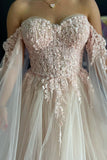 Charming A Line Blush Pink Tulle Off-the-Shoulder Prom Gown with Appliques