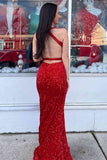 Elegant Red Mermaid V Neck Sequins Backless Long Prom Dress