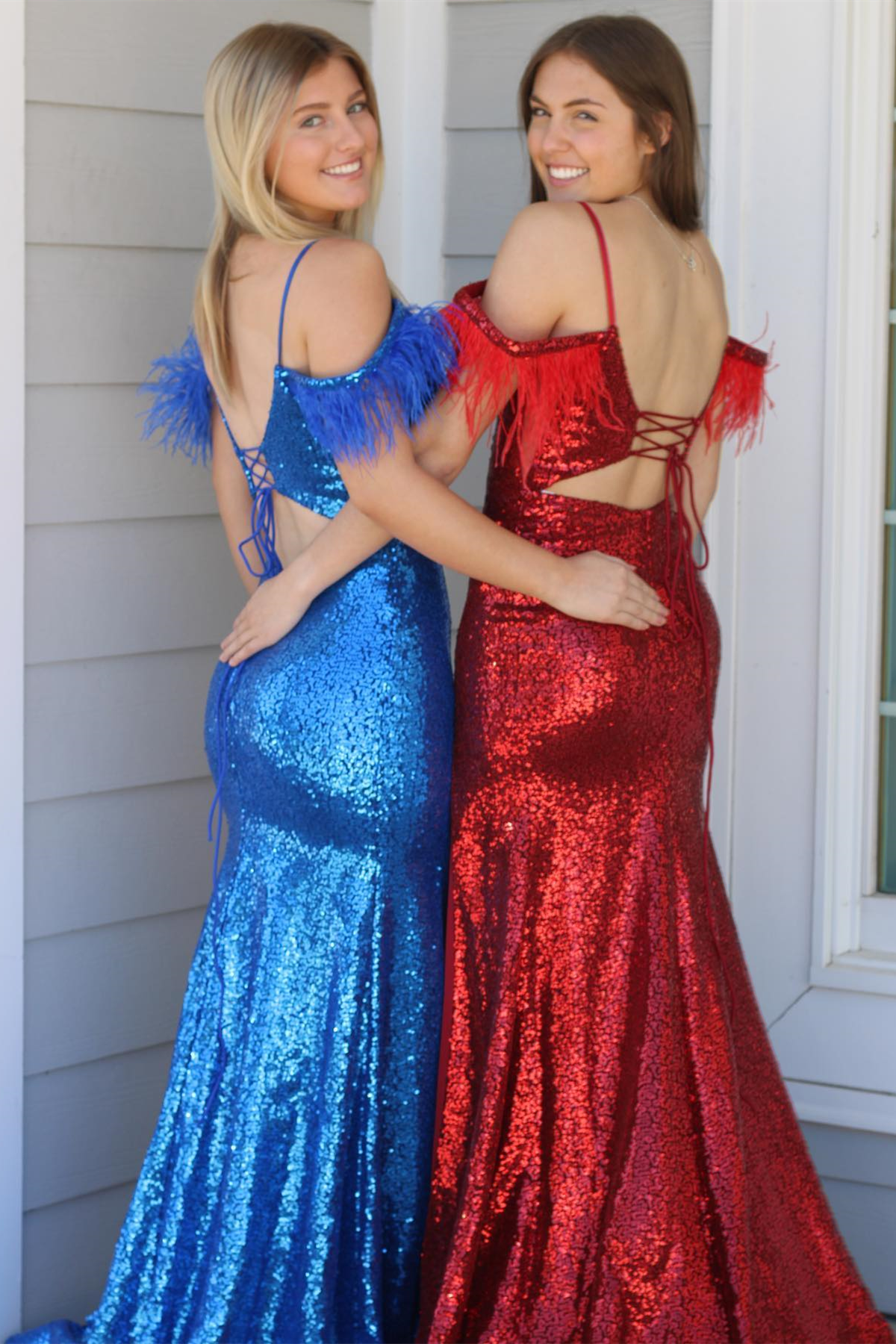 Red Sequins Mermaid Prom Dress with Cold Shoulders, Feathers, and Slit