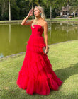 Matilda |Red A-Line Strapless Ruffled Tulle Evening Dress with Multi-Tiered Ruffles