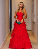 Matilda |Red A-Line Strapless Ruffled Tulle Evening Dress with Multi-Tiered Ruffles