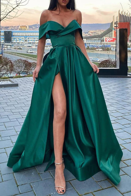 Marina | Celebrity Style A-Line Christmas Prom Dress with Short Sleeves and Slit