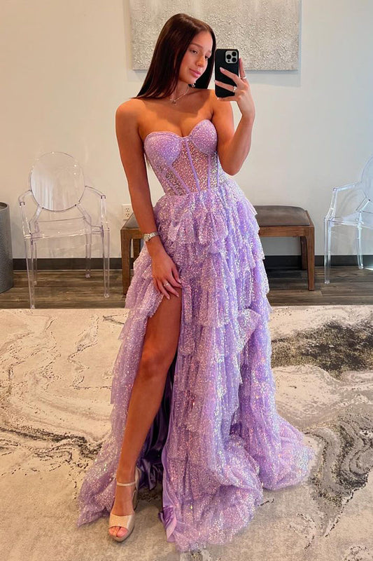 Lila | Lavender A-Line Sweetheart Tiered Sequin Prom Dress with Slit