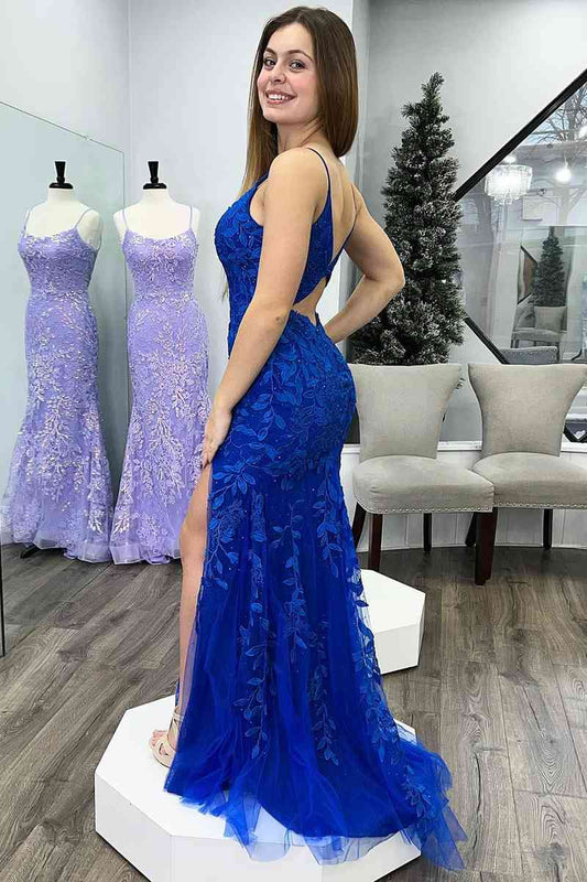 Royal Blue Mermaid Prom Dress with Deep V-Neck and Tulle Appliques