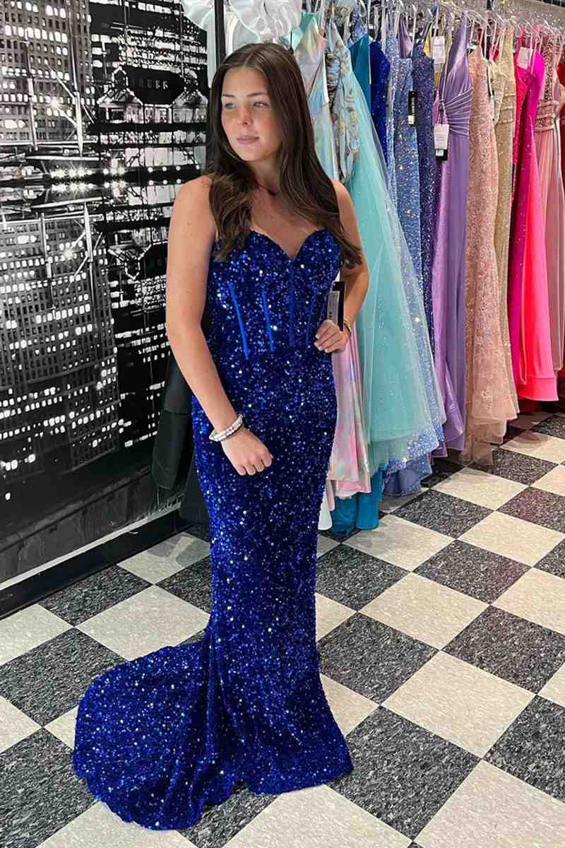 Romantic Sweetheart Mermaid Light Blue Sequin Long Prom Dress