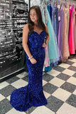 Romantic Sweetheart Mermaid Light Blue Sequin Long Prom Dress