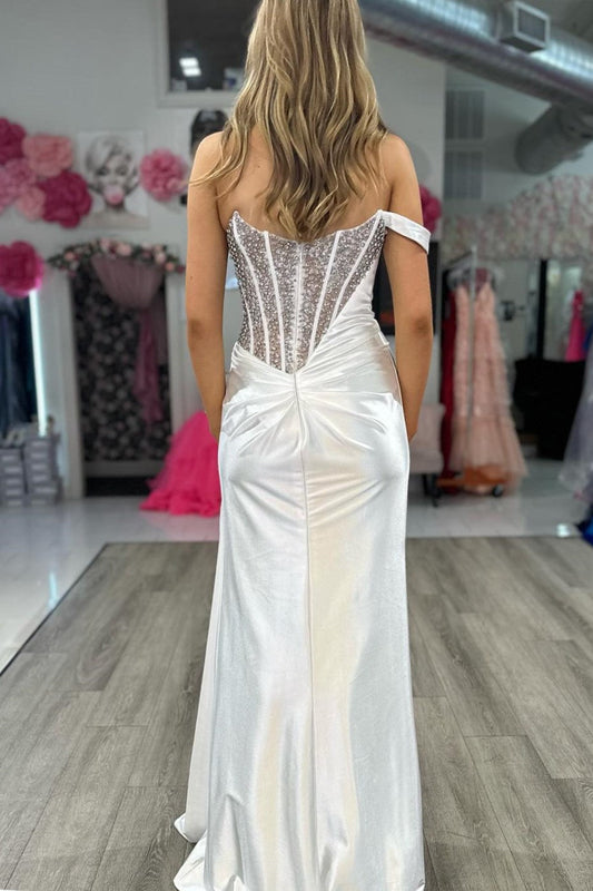 Elegant Mermaid Strapless White Satin Beaded Long Formal Prom Dress