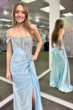 Elegant Mermaid Strapless White Satin Beaded Long Formal Prom Dress