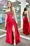 Elegant Mermaid Strapless White Satin Beaded Long Formal Prom Dress
