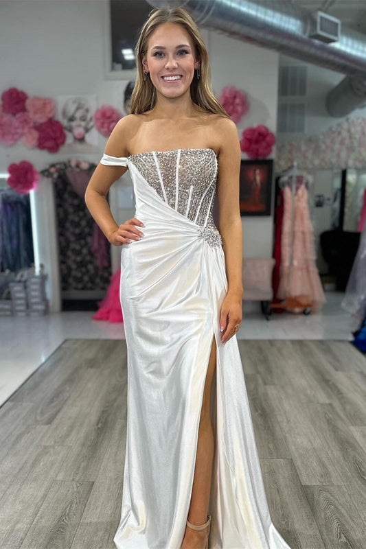 Elegant Mermaid Strapless White Satin Beaded Long Formal Prom Dress