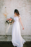 Elena | Scoop Neck Short Sleeve A-Line Chiffon Wedding Dress with Lace Hem