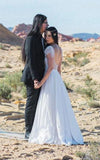 Elena | Scoop Neck Short Sleeve A-Line Chiffon Wedding Dress with Lace Hem