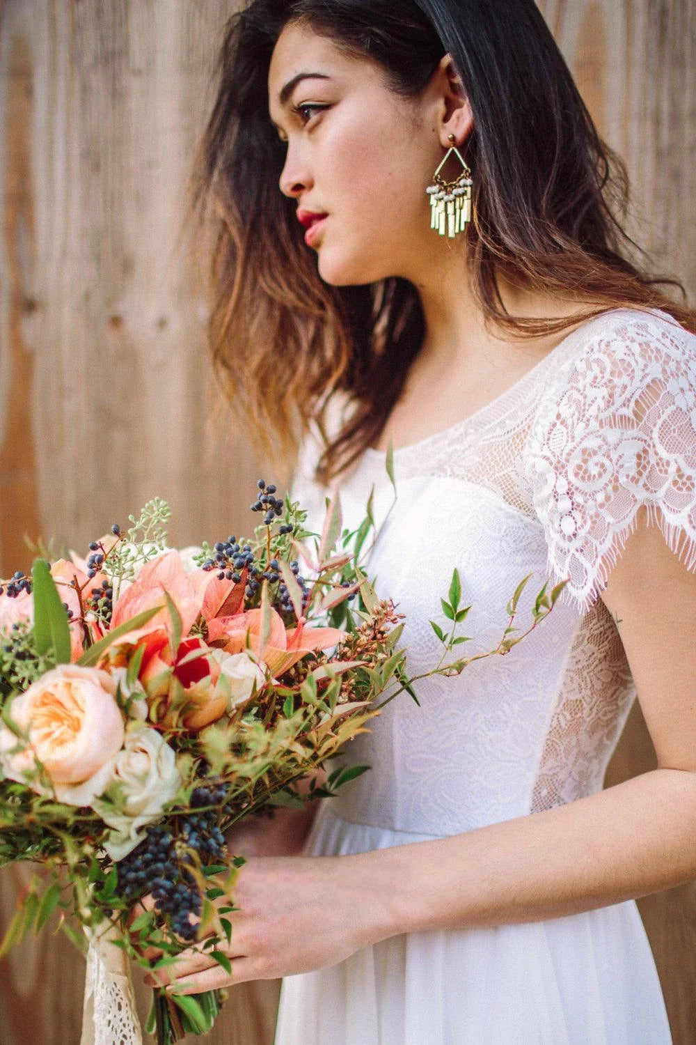 Elena | Scoop Neck Short Sleeve A-Line Chiffon Wedding Dress with Lace Hem