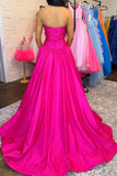 Romantic Fuchsia Satin A-Line Strapless Long Prom Dress with Beading