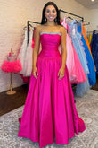 Romantic Fuchsia Satin A-Line Strapless Long Prom Dress with Beading