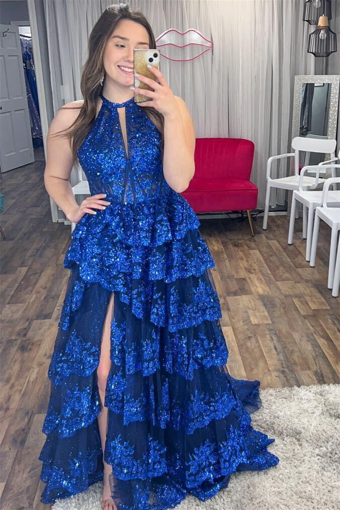 Cute A Line High Neck Royal Blue Tiered Prom Dresses