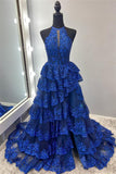 Cute A Line High Neck Royal Blue Tiered Prom Dresses