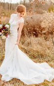 Sheath Ethereal Bell Sleeve Garden Wedding Dress with Jewel High Neck and Tulle Gown