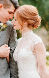 Sheath Ethereal Bell Sleeve Garden Wedding Dress with Jewel High Neck and Tulle Gown