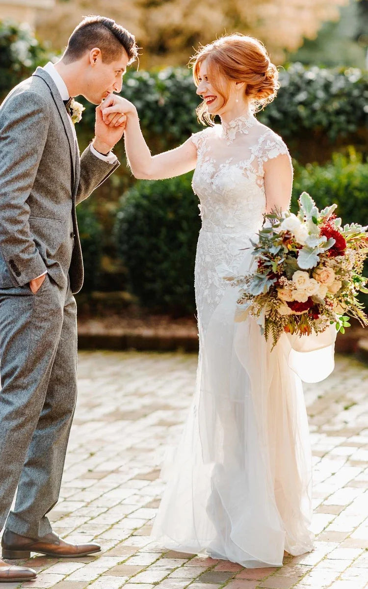 Sheath Ethereal Bell Sleeve Garden Wedding Dress with Jewel High Neck and Tulle Gown